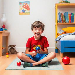 simple children's book illustration, thick black outlines, flat bright colors, minimal detail, white background, kindergarten phonics reader style  Bill, a young boy wearing a red shirt and blue shorts, sitting on the floor in his room Bill smiling and looking at his toys  a red ball, an action figure, and a bell on the floor near him  simple bedroom background calm, happy scene  title text at top: "Bill's Stuff"