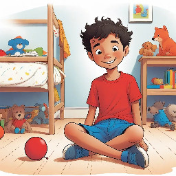 simple children's book illustration, thick black outlines, flat bright colors, minimal detail, white background, kindergarten phonics reader style  Bill, a young boy wearing a red shirt and blue shorts, sitting on the floor in his room Bill smiling and looking at his toys  a red ball, a doll, and a bell on the floor near him  simple bedroom background calm, happy scene  title text at top: "Bill's Stuff"