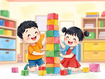 two preschool children: Ming (a boy with short black hair, blue T-shirt),  Lele (a girl with pigtails, red dress),  simple cartoon style  children’s picture book illustration,  soft watercolor style, pastel colors,  warm gentle lighting  in a kindergarten classroom with colorful blocks  A children’s picture book illustration of  two preschool children: Ming (a boy with short black hair, blue T-shirt),  Lele (a girl with pigtails, red dress),  building a very tall tower of blocks together, smiling and excited,  in a kindergarten classroom with colorful blocks,  happy and energetic mood,  soft watercolor style, pastel colors