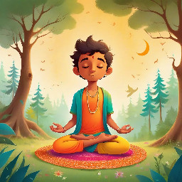 Dhruv meditating in a forest in the yoga tree pose in indian clothing with a bright star in the background
