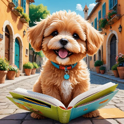 Quinnetto is a fun loving, furry, apricot maltipoo who has a EpiPen as she has allergies. She explores Italy with her mother Maria. Happy animated dog