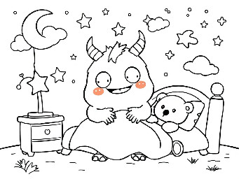 A children's coloring book page featuring a cute, chubby chibi friendly monster getting ready for bedtime. The monster has big round eyes, tiny horns, and a big sleepy smile. Scene includes a cozy bed with stars and moon decorations, a teddy bear, and dreamy clouds. Black and white outlines only, no shading, no gray fills, thick clean lines, simple design suitable for toddlers ages 1–3. Storybook illustration style, lots of white space for coloring."