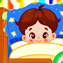 cute toddler boy prince, brown hair, brown eyes, in bed, warm cozy light, bedtime scene, disney style