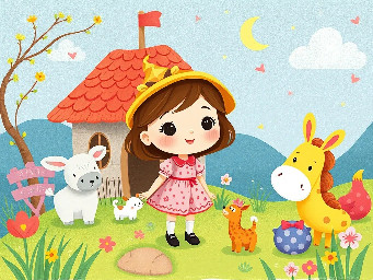 A little kind girl in the village with animals