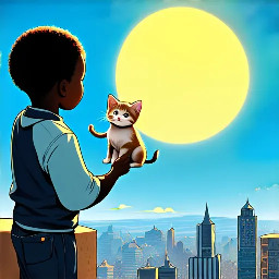 a beautiful tale about a shy black boy and his adoring pet kitten, looking out at their city from a high vantage point as the sun rises and pours golden light across the scene.