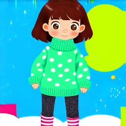 Full-body whimsical illustration of a small girl standing with slightly splayed legs, wearing an oversized chunky mint green sweater with white polka dots, ribbed high collar and exaggerated folded cuffs that swallow her hands, solid colored tights and simple brown ankle boots. She has tousled medium brown hair in loose pigtails, wispy strands, soft rounded features, flushed cheeks and a wistful, uncertain expression gazing up and to the side. Warm muted color palette, painterly textured strokes combining digital watercolor washes and colored-pencil sketch lines, visible grain and soft paper texture, gentle diffuse lighting, subtle cool shadow under feet, loose hand-drawn outlines and charming slightly rough brushwork to evoke innocence and quiet melancholy. Vertical composition, simple white background, cozy illustrative storybook style.