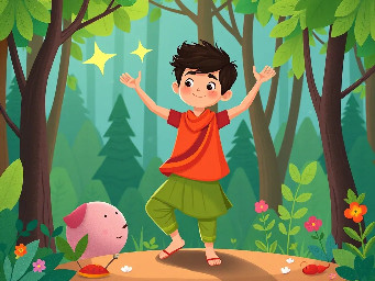 Dhruv standing in a forest in the yoga tree pose in indian clothing with a bright star in the background