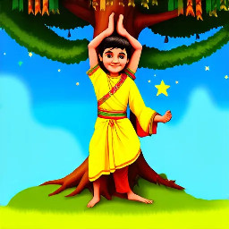 Dhruv standing in a forest in the yoga tree pose in indian clothing with a bright star in the background
