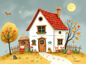En mysig akvarellillustration för en barnbok. Ett gammalt vitt hus med snickarglädje som ligger bredvid en lugn å. Det är en stormig höstdag i oktober, löven blåser i vinden och himmelen är lite grå."