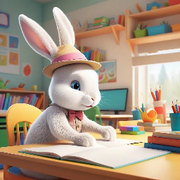 A lttle white bunny wearing a hat to hide long ears sitting at a desk in a class with human children  students