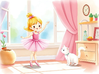 "A cute 3-year-old girl named Emma with blonde hair in a pink ballet tutu, dancing in a sunny cozy room. Next to her, a 1-year-old baby brother is trying to repeat her ballet pose. A fluffy white cat is watching them. Soft watercolor style, bright and magical atmosphere, children's book illustration."