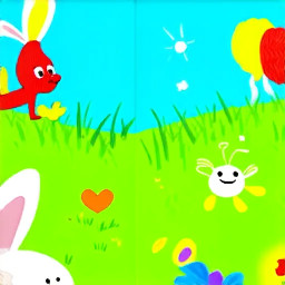 The little white bunny and a boy collide and fall in a meadow in a grass laughing