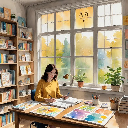 Highly detailed vibrant watercolor children’s book illustration, hand-painted traditional watercolor style, soft layered washes, visible brush strokes, subtle pigment bleeding, delicate ink linework, textured cold-pressed watercolor paper background, warm natural classroom lighting, joyful and imaginative atmosphere.  Scene setting:  Bright cheerful classroom interior during mid-morning sunlight. Large windows on one side allowing golden sunlight to stream in, soft glowing light beams painted with diluted yellow wash. Colorful alphabet posters on the walls, hand-drawn number charts, children’s artwork pinned to a corkboard, wooden desks arranged in a semi-circle, small indoor plants near the window, bookshelf filled with bright storybooks.  Foreground composition (center focus):  Four happy children interacting creatively inside the classroom:  • Boy 1 (age 8) – short curly dark hair, warm brown skin, wearing a bright blue short-sleeve shirt with subtle watercolor texture, khaki shorts, sitting at a wooden desk drawing with crayons, wide excited smile.  • Boy 2 (age 7) – soft straight dark hair, medium brown skin tone, wearing green overalls over a striped orange shirt, standing beside a globe, pointing at it curiously, gentle fascinated expression.  • Girl 1 (age 8) – braided hair tied with pink ribbons, caramel skin tone, wearing a flowing yellow dress with soft floral watercolor patterns, holding an open picture book, laughing softly.  • Girl 2 (age 7) – shoulder-length wavy black hair, warm golden-brown skin tone, wearing a purple cardigan over a mint-green skirt, round glasses, raising her hand confidently as if answering a question.  Near the children:  A fluffy grey-and-white classroom cat sitting on a desk, playfully batting at a pencil, tail curled around its paws, painted with soft layered brush strokes.  Around the classroom:  Small colorful birds (blue, yellow, and soft red) perched on the window frame and flying gently near the open window, wings softly blurred with loose watercolor strokes. A few feathers floating lightly in the air for movement.  Extra visual details:  Soft shadows under desks using diluted indigo wash. Sunlight reflecting gently off wooden floors. Subtle paint splatter details for playful energy. Warm glowing atmosphere created with golden wash overlay. Dreamy, storybook feel with harmonious color palette (coral, sky blue, sunshine yellow, soft green).  Composition:  Balanced center composition with children forming a semi-circle focal point. Slight eye-level perspective to create connection and warmth. High saturation yet soft blended watercolor tones. No harsh digital edges — authentic handmade watercolor appearance.  Typography placement:  Top center, above classroom chalkboard area.  Text style:  “Watercolor Children Book Illustration” in playful hand-painted watercolor brush lettering, soft gradient blend of pink, sky blue, and warm yellow, subtle shadow wash behind text for clarity.  Art style inspiration:  Classic storybook watercolor, soft expressive character design, whimsical classroom atmosphere, warm emotional storytelling.  -- vibrant watercolor pigments -- hand-painted texture -- soft lighting -- joyful classroom scene -- professional children book cover -- high detail -- 4k resolution -- warm tones -- whimsical mood