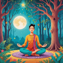 Dhruv meditating in a forest in the yoga tree pose in indian clothing with a bright star in the background