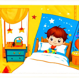 cute toddler boy prince, brown hair, brown eyes, in bed, warm cozy light, bedtime scene, disney style