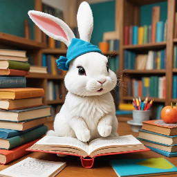 A lttle white bunny wearing a hat to hide long ears sitting at a class with human children  students