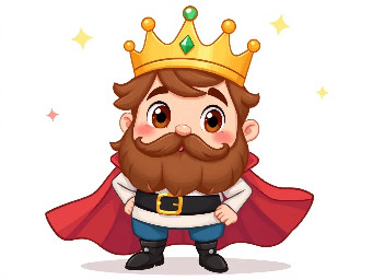 cartoon illustration style, a short king with brown hair and big brown eyes, a thick beard and moustache, plump, wearing a gold crown on his head with two emeralds, wearing a white shirt, blue pants, a black belt, black boots, a read cloak with a white rim, white background.