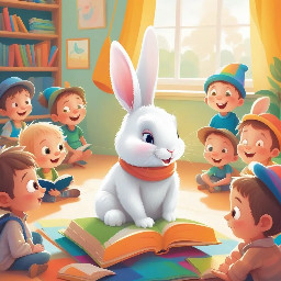 A lttle white bunny wearing a hat to hide long ears sitting at a class with human children  students