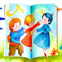 Highly detailed vibrant watercolor children’s book illustration, hand-painted traditional watercolor style, soft layered washes, visible brush strokes, subtle pigment bleeding, delicate ink linework, textured cold-pressed watercolor paper background, warm natural classroom lighting, joyful and imaginative atmosphere.  Scene setting:  Bright cheerful classroom interior during mid-morning sunlight. Large windows on one side allowing golden sunlight to stream in, soft glowing light beams painted with diluted yellow wash. Colorful alphabet posters on the walls, hand-drawn number charts, children’s artwork pinned to a corkboard, wooden desks arranged in a semi-circle, small indoor plants near the window, bookshelf filled with bright storybooks.  Foreground composition (center focus):  Four happy children interacting creatively inside the classroom:  • Boy 1 (age 8) – short curly dark hair, warm brown skin, wearing a bright blue short-sleeve shirt with subtle watercolor texture, khaki shorts, sitting at a wooden desk drawing with crayons, wide excited smile.  • Boy 2 (age 7) – soft straight dark hair, medium brown skin tone, wearing green overalls over a striped orange shirt, standing beside a globe, pointing at it curiously, gentle fascinated expression.  • Girl 1 (age 8) – braided hair tied with pink ribbons, caramel skin tone, wearing a flowing yellow dress with soft floral watercolor patterns, holding an open picture book, laughing softly.  • Girl 2 (age 7) – shoulder-length wavy black hair, warm golden-brown skin tone, wearing a purple cardigan over a mint-green skirt, round glasses, raising her hand confidently as if answering a question.  Near the children:  A fluffy grey-and-white classroom cat sitting on a desk, playfully batting at a pencil, tail curled around its paws, painted with soft layered brush strokes.  Around the classroom:  Small colorful birds (blue, yellow, and soft red) perched on the window frame and flying gently near the open window, wings softly blurred with loose watercolor strokes. A few feathers floating lightly in the air for movement.  Extra visual details:  Soft shadows under desks using diluted indigo wash. Sunlight reflecting gently off wooden floors. Subtle paint splatter details for playful energy. Warm glowing atmosphere created with golden wash overlay. Dreamy, storybook feel with harmonious color palette (coral, sky blue, sunshine yellow, soft green).  Composition:  Balanced center composition with children forming a semi-circle focal point. Slight eye-level perspective to create connection and warmth. High saturation yet soft blended watercolor tones. No harsh digital edges — authentic handmade watercolor appearance.  Typography placement:  Top center, above classroom chalkboard area.  Text style:  “Watercolor Children Book Illustration” in playful hand-painted watercolor brush lettering, soft gradient blend of pink, sky blue, and warm yellow, subtle shadow wash behind text for clarity.  Art style inspiration:  Classic storybook watercolor, soft expressive character design, whimsical classroom atmosphere, warm emotional storytelling.  -- vibrant watercolor pigments -- hand-painted texture -- soft lighting -- joyful classroom scene -- professional children book cover -- high detail -- 4k resolution -- warm tones -- whimsical mood