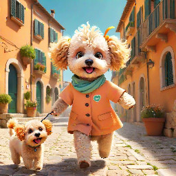 Quinnetto is a fun loving, furry, apricot maltipoo who has a EpiPen as she has allergies. She explores Italy with her mother Maria. Happy animated dog