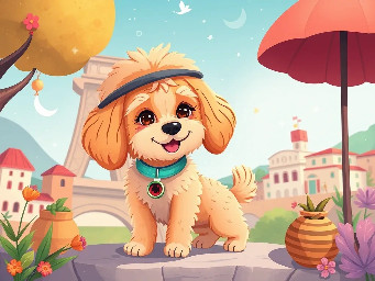 Quinnetto is a fun loving, furry, apricot maltipoo who has a EpiPen as she has allergies. She explores Italy with her mother Maria. Happy animated dog