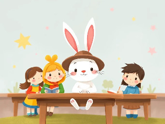 A lttle white bunny wearing a hat to hide long ears sitting at a class with human children  students