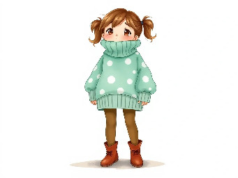 Full-body whimsical illustration of a small girl standing with slightly splayed legs, wearing an oversized chunky mint green with white polka dots, ribbed high collar and exaggerated folded cuffs that swallow her hands, solid color tights and simple brown ankle boots. She has tousled medium brown hair in loose pigtails, wispy strands, soft rounded features, flushed cheeks and a wistful, uncertain expression gazing up and to the side. Warm muted color palette, painterly textured strokes combining digital watercolor washes and colored-pencil sketch lines, visible grain and soft paper texture, gentle diffuse lighting, subtle cool shadow under feet, loose hand-drawn outlines and charming slightly rough brushwork to evoke innocence and quiet melancholy. Vertical composition, simple white background, cozy illustrative storybook style.