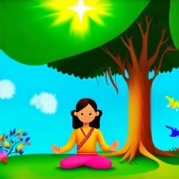 Dhruv meditating in a forest in the yoga tree pose in indian clothing with a bright star in the background