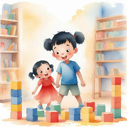 two preschool children: Ming (a boy with short black hair, blue T-shirt),  Lele (a girl with pigtails, red dress),  simple cartoon style  children’s picture book illustration,  soft watercolor style, pastel colors,  warm gentle lighting  in a kindergarten classroom with colorful blocks  A children’s picture book illustration of  two preschool children: Ming (a boy with short black hair, blue T-shirt),  Lele (a girl with pigtails, red dress),  building a very tall tower of blocks together, smiling and excited,  in a kindergarten classroom with colorful blocks,  happy and energetic mood,  soft watercolor style, pastel colors