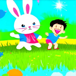 The little white bunny and a boy collide and fall in a meadow in a grass laughing