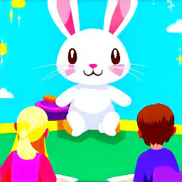 A lttle white bunny wearing a hat to hide long ears sitting at a class with human children  students