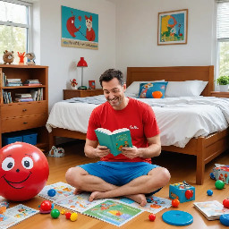 simple children's book illustration, thick black outlines, flat bright colors, minimal detail, white background, kindergarten phonics reader style  Bill, a young boy wearing a red shirt and blue shorts, sitting on the floor in his room Bill smiling and looking at his toys  a red ball, an action figure, and a bell on the floor near him  simple bedroom background calm, happy scene  title text at top: "Bill's Stuff"