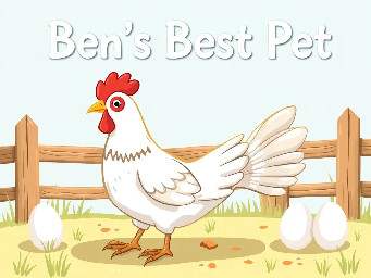 Can you create a cartoon image for the decodable reader I want to assign for my kindergarten students?  Ben's Best Pet  Ben has a pet hen named Meg. Meg can be very fast when she runs!  "I need to get some eggs," said Ben. He went to the pen where Meg likes to rest.  Meg was happy to see Ben. "Yes!" said Ben. "You have ten eggs for me!"  Ben was very careful with the eggs. "You are the best pet, Meg!" he said.  Meg and Ben went to get some food. They had a very good day together! ------------------------------- Avoid nonsense, random words at the bottom Avoid adding words from the story because I only want the title Avoid showing images of what happens in the story because it'll give answers away