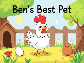 Can you create a cartoon image for the decodable reader I want to assign for my kindergarten students?  Ben's Best Pet  Ben has a pet hen named Meg. Meg can be very fast when she runs!  "I need to get some eggs," said Ben. He went to the pen where Meg likes to rest.  Meg was happy to see Ben. "Yes!" said Ben. "You have ten eggs for me!"  Ben was very careful with the eggs. "You are the best pet, Meg!" he said.  Meg and Ben went to get some food. They had a very good day together! ------------------------------- Avoid nonsense, random words at the bottom Avoid adding words from the story because I only want the title Avoid showing images of what happens in the story because it'll give answers away