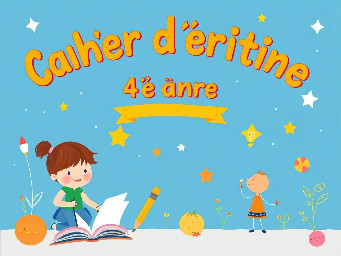 Create printable activity workbook for Grade 4 elementary students (age 9-10) in Quebec, Canada. Title: "Cahier d'écriture — 4e année". Design style: bright, colorful and child-friendly with rounded fonts, fun icons (pencils, stars, lightbulbs, checkmarks), and a clean layout easy to read for children. Use 3 color themes: blue for pages 1-10 (narrative writing), green for pages 11-20 (summary writing), orange for pages 21-30 (descriptive writing). Each page must include: a large colored header with page number and title, a small italic goal banner labeled "Objectif", clear instruction text, writing lines for student answers, and encouraging decorative icons. Letter size (8.5x11 inches), print-ready, French language.