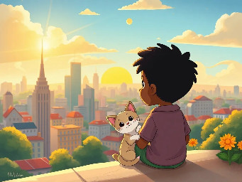 a beautiful tale about a shy black boy and his adoring pet kitten, looking out at their city from a high vantage point as the sun rises and pours golden light across the scene.
