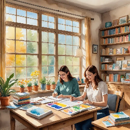 Highly detailed vibrant watercolor children’s book illustration, hand-painted traditional watercolor style, soft layered washes, visible brush strokes, subtle pigment bleeding, delicate ink linework, textured cold-pressed watercolor paper background, warm natural classroom lighting, joyful and imaginative atmosphere.  Scene setting:  Bright cheerful classroom interior during mid-morning sunlight. Large windows on one side allowing golden sunlight to stream in, soft glowing light beams painted with diluted yellow wash. Colorful alphabet posters on the walls, hand-drawn number charts, children’s artwork pinned to a corkboard, wooden desks arranged in a semi-circle, small indoor plants near the window, bookshelf filled with bright storybooks.  Foreground composition (center focus):  Four happy children interacting creatively inside the classroom:  • Boy 1 (age 8) – short curly dark hair, warm brown skin, wearing a bright blue short-sleeve shirt with subtle watercolor texture, khaki shorts, sitting at a wooden desk drawing with crayons, wide excited smile.  • Boy 2 (age 7) – soft straight dark hair, medium brown skin tone, wearing green overalls over a striped orange shirt, standing beside a globe, pointing at it curiously, gentle fascinated expression.  • Girl 1 (age 8) – braided hair tied with pink ribbons, caramel skin tone, wearing a flowing yellow dress with soft floral watercolor patterns, holding an open picture book, laughing softly.  • Girl 2 (age 7) – shoulder-length wavy black hair, warm golden-brown skin tone, wearing a purple cardigan over a mint-green skirt, round glasses, raising her hand confidently as if answering a question.  Near the children:  A fluffy grey-and-white classroom cat sitting on a desk, playfully batting at a pencil, tail curled around its paws, painted with soft layered brush strokes.  Around the classroom:  Small colorful birds (blue, yellow, and soft red) perched on the window frame and flying gently near the open window, wings softly blurred with loose watercolor strokes. A few feathers floating lightly in the air for movement.  Extra visual details:  Soft shadows under desks using diluted indigo wash. Sunlight reflecting gently off wooden floors. Subtle paint splatter details for playful energy. Warm glowing atmosphere created with golden wash overlay. Dreamy, storybook feel with harmonious color palette (coral, sky blue, sunshine yellow, soft green).  Composition:  Balanced center composition with children forming a semi-circle focal point. Slight eye-level perspective to create connection and warmth. High saturation yet soft blended watercolor tones. No harsh digital edges — authentic handmade watercolor appearance.  Typography placement:  Top center, above classroom chalkboard area.  Text style:  “Watercolor Children Book Illustration” in playful hand-painted watercolor brush lettering, soft gradient blend of pink, sky blue, and warm yellow, subtle shadow wash behind text for clarity.  Art style inspiration:  Classic storybook watercolor, soft expressive character design, whimsical classroom atmosphere, warm emotional storytelling.  -- vibrant watercolor pigments -- hand-painted texture -- soft lighting -- joyful classroom scene -- professional children book cover -- high detail -- 4k resolution -- warm tones -- whimsical mood