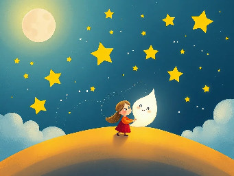 j'ai écrit un livre pour enfant voici le début, peux tu me créer des images ? : Là-haut, tout en haut, là où le ciel ne dort jamais, vivent les étoiles.  Quand la nuit tombe et que le monde devient sombre, leurs petites lampes silencieuses s’allument. Elles rassurent les enfants qui craignent le noir, accompagnent les voyageurs perdus, écoutent les vœux murmurés tout bas. Jamais, elles ne descendent. Briller, c’est leur travail. Parmi elles, il y en a une plus petite. Sa lumière est douce, presque timide.  On l’appelle Lina-Lune.