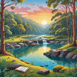 Wide view of a lush Australian river valley at sunrise. Tall eucalyptus trees, golden light on the water. Pip sits on a mossy rock at the river's edge, small and still, watching the world wake up.