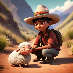 Vertical soft 3D stylized children’s‑book illustration.  Inocencio, a young Andean farmer with rounded cartoon proportions, tan skin, short black hair, expressive eyes, and wearing his simple stylized Andean wool hat, walks along a warm Andean dirt path.  He discovers the elderly indigenous woman lying beside a smooth rock. She has rounded cartoon proportions, soft stylized wrinkles, white braided hair, and a tired but gentle expression.  Inocencio kneels to help her, showing kindness and concern.  The environment includes ichu grass, rounded mountains, and a warm sunset sky.  High in the sky, the same stylized soft 3D cartoon Cóndor de Fuego described in the character prompt flies peacefully with glowing red‑gold wings.  Pixar‑inspired soft 3D style, smooth gradients, warm global illumination, no harsh outlines, no realistic textures.
