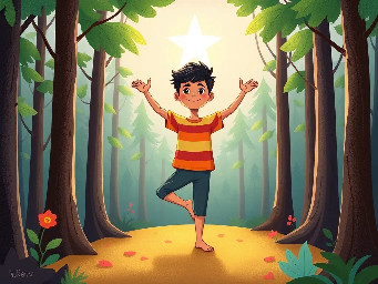 Dhruv standing in a forest in the yoga tree position with a bright star in the background