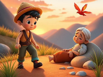 Vertical soft 3D stylized children’s‑book illustration.  Inocencio, a young Andean farmer with rounded cartoon proportions, tan skin, short black hair, expressive eyes, and wearing his simple stylized Andean wool hat, walks along a warm Andean dirt path.  He discovers the elderly indigenous woman lying beside a smooth rock. She has rounded cartoon proportions, soft stylized wrinkles, white braided hair, and a tired but gentle expression.  Inocencio kneels to help her, showing kindness and concern.  The environment includes ichu grass, rounded mountains, and a warm sunset sky.  High in the sky, the same stylized soft 3D cartoon Cóndor de Fuego described in the character prompt flies peacefully with glowing red‑gold wings.  Pixar‑inspired soft 3D style, smooth gradients, warm global illumination, no harsh outlines, no realistic textures.