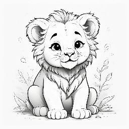 A cute chubby chibi baby lion cub with a fluffy mane, sitting and smiling. Black and white outlines only, no shading, no gray fills, thick clean bold lines, simple chibi cute style, toddler-friendly, lots of white space for coloring, storybook illustration.