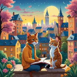 a beautiful tale about a shy black boy and his adoring pet kitten, looking out at their city from a high vantage point as the sun rises and pours golden light across the scene.