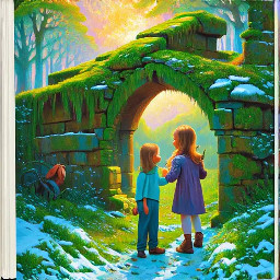 An impressionist oil painting in the style of Claude Monet, depicting ancient moss-covered ruins half-swallowed by an ethereal, overgrown forest frozen in the last golden light of dusk. At the heart of the ruins stands a lone, crumbling sundial — its shadow stretching impossibly long across broken stone floors carpeted with wildflowers, as if time itself is slowly exhaling its final breath. Ghostly figures made entirely of soft luminous mist drift between the pillars, neither alive nor gone — echoes of all the souls who once walked these halls. The sky above is torn between worlds: one half blazes with the warm amber and rose of a dying sun, the other dissolves into a deep violet cosmic void filled with faint stars, suggesting that day, night, life and death are simply two faces of the same eternal moment. Ivy and wisteria drape over broken archways like nature's funeral shroud, blooming defiantly in deep purple and white. Loose, broken brushstrokes blur the boundary between stone and mist, between past and present, between what was built and what will be reclaimed. Light dances on every surface — fractured, trembling, impossibly beautiful — as if the painting itself is aware it is slowly fading. The overwhelming feeling is not sadness, but awe: that something so fragile as a human moment could leave such an indelible wound on the fabric of time.