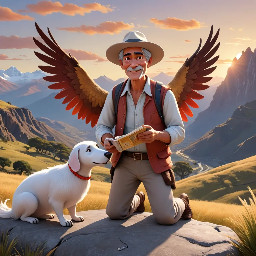 Vertical soft 3D stylized children’s‑book illustration.  Inocencio, a young Andean farmer with rounded cartoon proportions, tan skin, short black hair, expressive eyes, and wearing his simple stylized Andean wool hat, walks along a warm Andean dirt path.  He discovers the elderly indigenous woman lying beside a smooth rock. She has rounded cartoon proportions, soft stylized wrinkles, white braided hair, and a tired but gentle expression.  Inocencio kneels to help her, showing kindness and concern.  The environment includes ichu grass, rounded mountains, and a warm sunset sky.  High in the sky, the same stylized soft 3D cartoon Cóndor de Fuego described in the character prompt flies peacefully with glowing red‑gold wings.  Pixar‑inspired soft 3D style, smooth gradients, warm global illumination, no harsh outlines, no realistic textures.