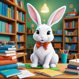 A lttle white bunny wearing a hat to hide long ears sitting at a desk in a class with human children  students