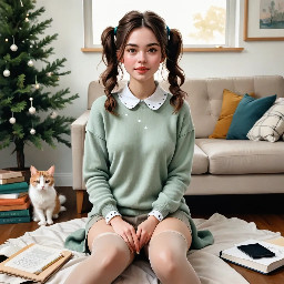Full-body whimsical illustration of a small girl standing with slightly splayed legs, wearing an oversized chunky mint green sweater with white polka dots, ribbed high collar and exaggerated folded cuffs that swallow her hands, solid colored tights and simple brown ankle boots. She has tousled medium brown hair in loose pigtails, wispy strands, soft rounded features, flushed cheeks and a wistful, uncertain expression gazing up and to the side. Warm muted color palette, painterly textured strokes combining digital watercolor washes and colored-pencil sketch lines, visible grain and soft paper texture, gentle diffuse lighting, subtle cool shadow under feet, loose hand-drawn outlines and charming slightly rough brushwork to evoke innocence and quiet melancholy. Vertical composition, simple white background, cozy illustrative storybook style.