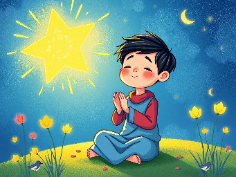 dhruv mediating as a 5 year old praying with a big bright star behind him