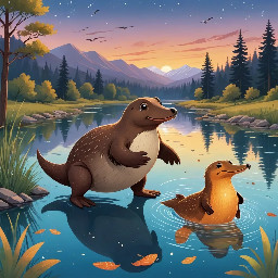 Pip the platypus stands at the edge of a glittering river at dusk, looking down at their reflection — a small brown creature with a leathery bill, flat beaver tail, and webbed feet. Their expression is curious, a little uncertain. Fireflies drift in the warm evening air around them.